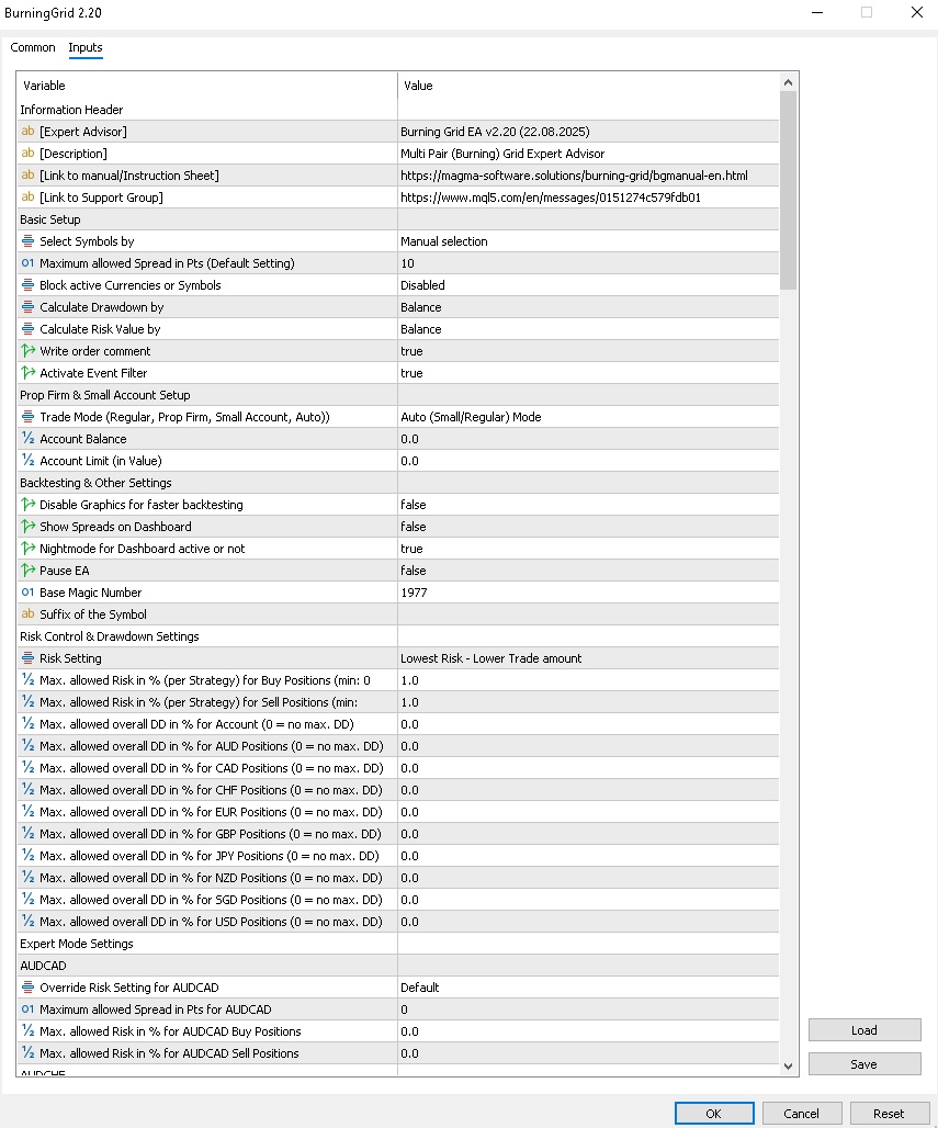 Burning Grid input menu overview