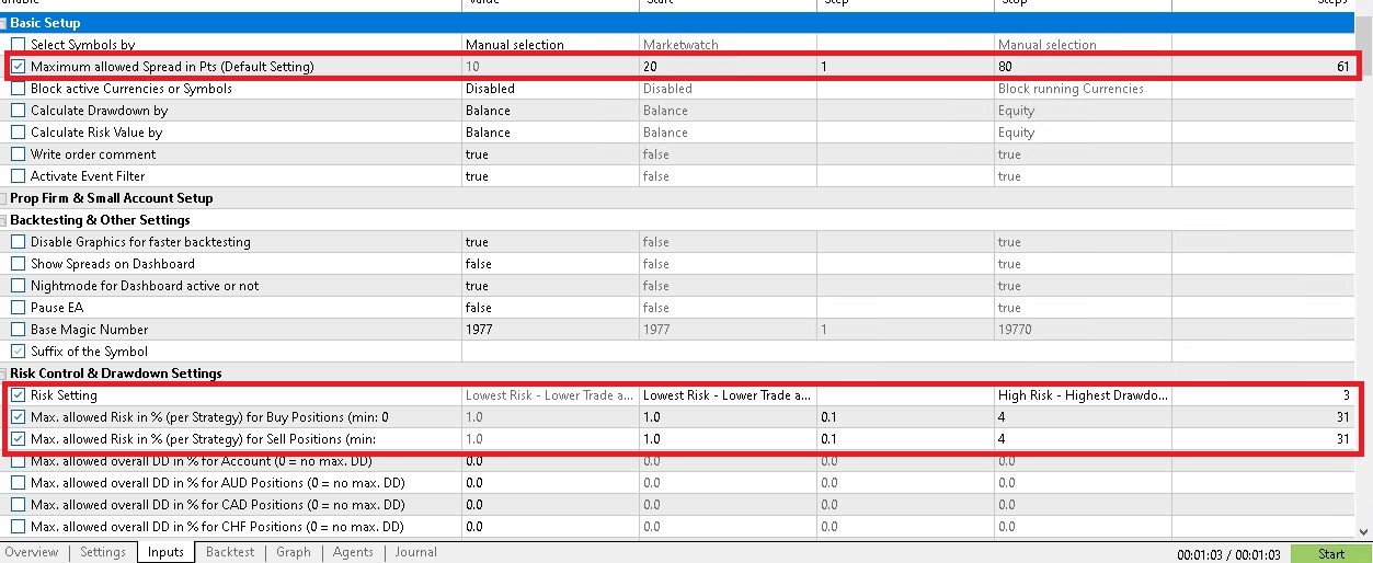 Burning Grid optimization input ranges
