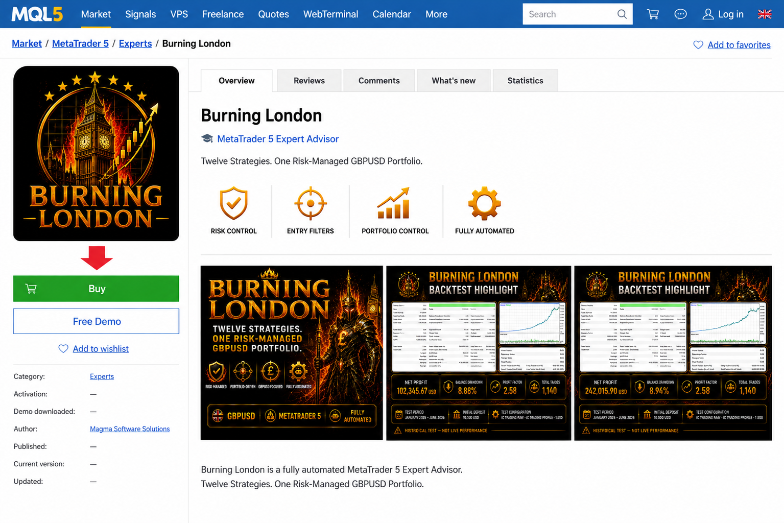 Burning London product page with Buy button