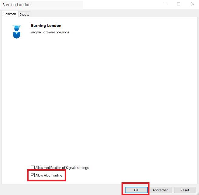 Allow Algo Trading and OK in the MetaTrader 5 Common tab